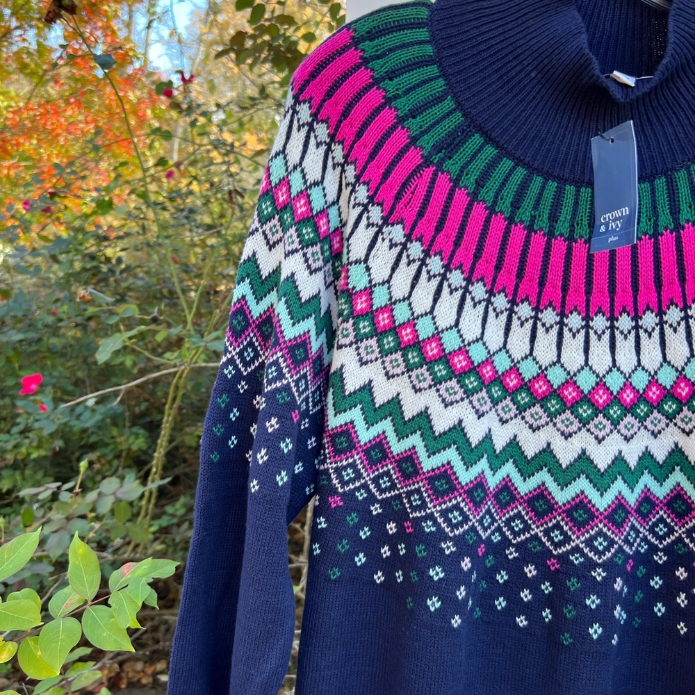 NWT Crown & Ivy Fun Navy Multi Colored Fair Isle High Neck Sweater - Picture 4 of 7